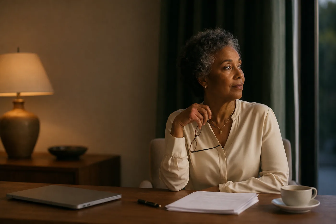 A woman at her desk in the evening, glasses in hand, looking out the window in thought