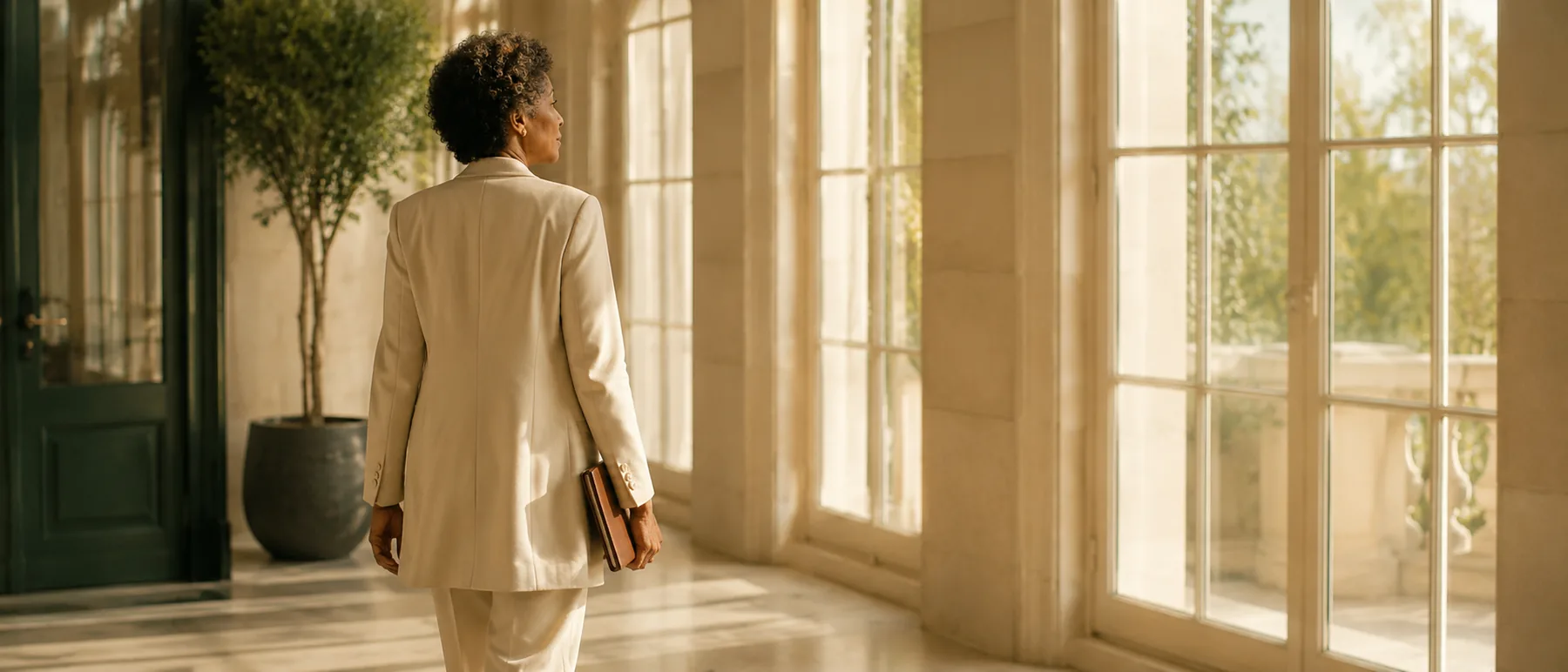 A woman in a cream suit walking toward tall sunlit windows, notebook in hand